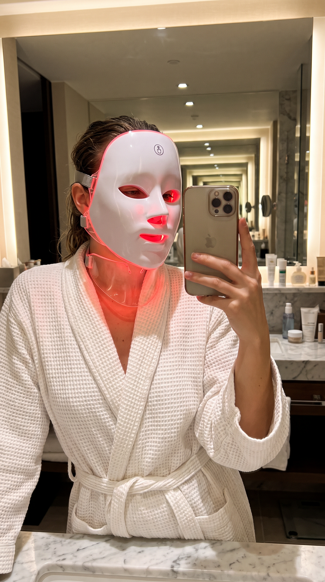 Femme utilisant le masque LED MÁSKA pendant sa routine du soir