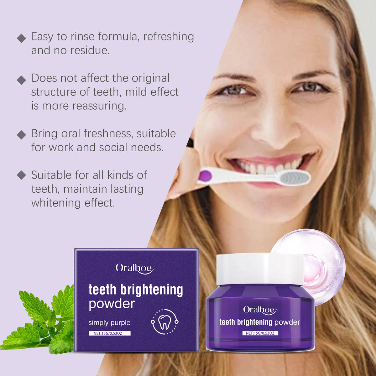 Oralhoe Purple Tooth Powder Clean Odor Care Mouth Fresh Breath Bright Tooth Powder Gingival Care